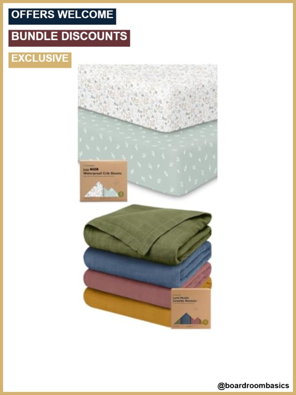 Waterproof Crib Sheets 2-Pack & 4-Pack Muslin Swaddle Blankets Cotton Blend